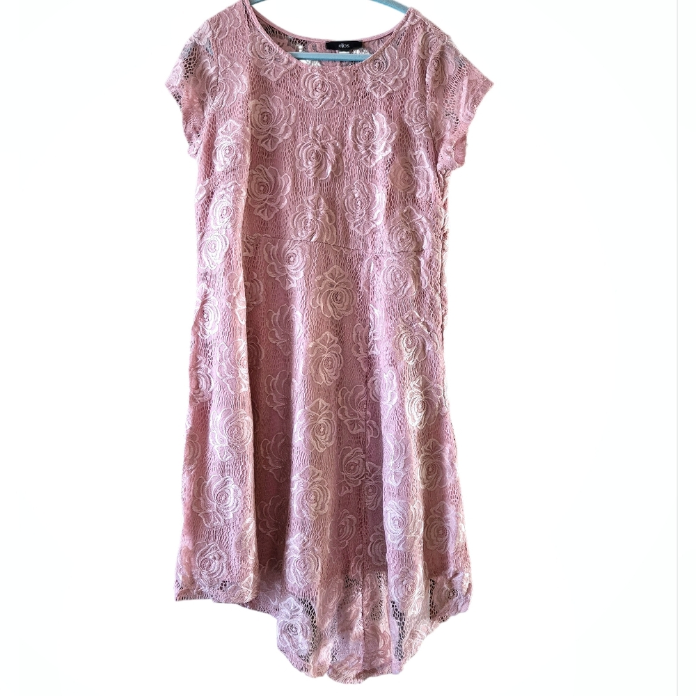 ELLOS Pink Lace Fabric with Floral Design Dress. Size 16. NWT.
